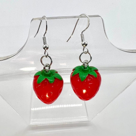 Strawberry Earrings - Red Strawberries - Summer Fruit Earrings - Picture 4 of 8